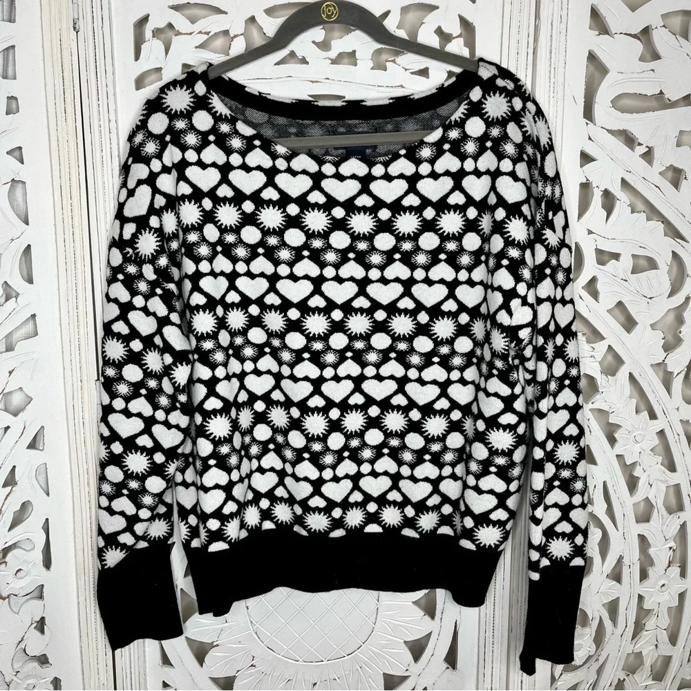Anthropologie Maeve Black & White Hearts Boatneck Sweater NWOT
